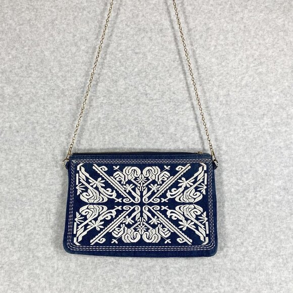 KB Denim Purse Crossbody bag Blue Whiote Embroidered Boho Style Gold Chain Strap - Picture 1 of 2